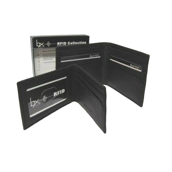 NEW Mens RFID Block BIFOLD WALLET + Removable PASSCASE Buxton Black Faux Leather - Picture 1 of 11